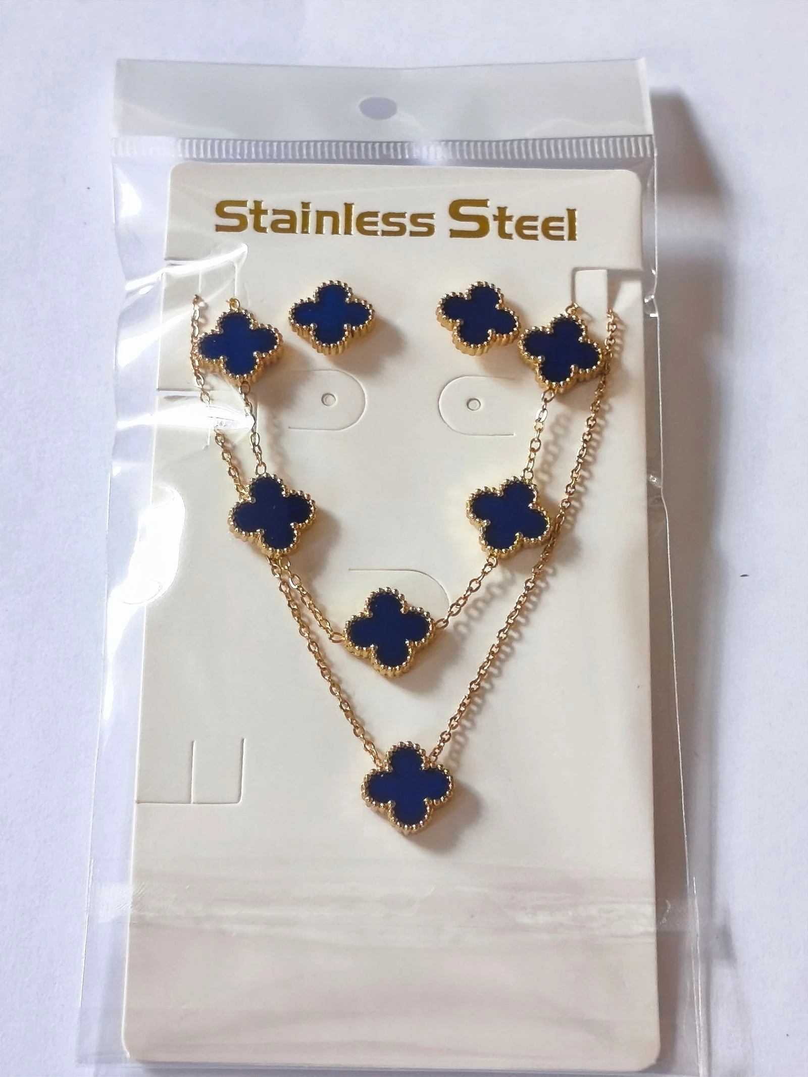 Set van trebol blauw met halsketting, armband en oorbellen met stalen ketting – photo 3